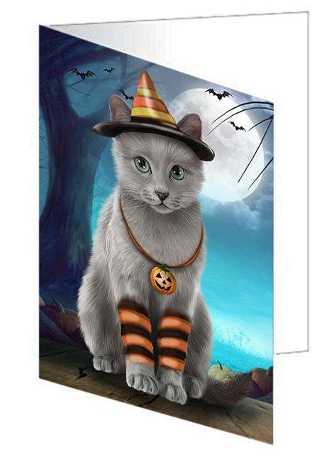 Happy Halloween Trick or Treat Russian Blue Cat Handmade Artwork Assorted Pets Greeting Cards and Note Cards with Envelopes for All Occasions and Holiday Seasons GCD67988