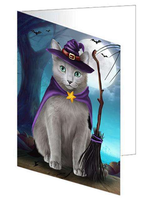 Happy Halloween Trick or Treat Russian Blue Cat Handmade Artwork Assorted Pets Greeting Cards and Note Cards with Envelopes for All Occasions and Holiday Seasons GCD67994