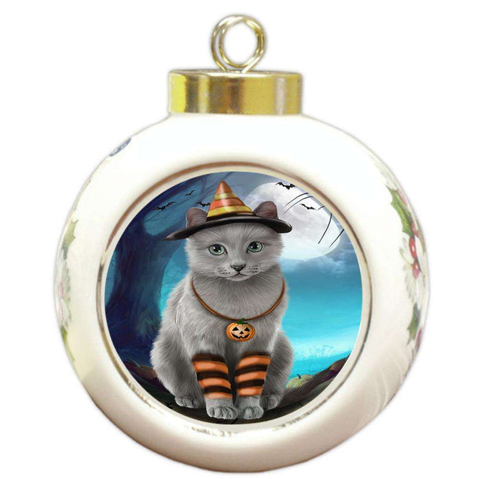 Happy Halloween Trick or Treat Russian Blue Cat Round Ball Christmas Ornament RBPOR54653