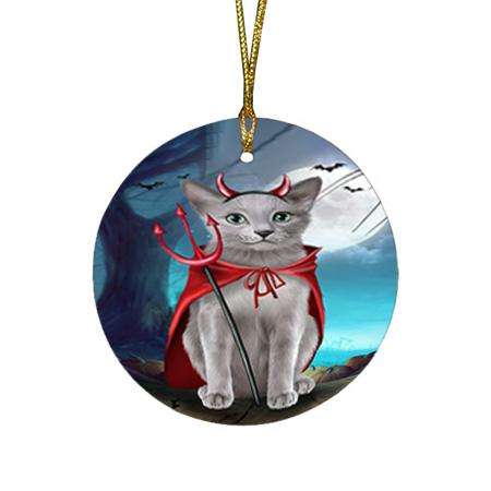 Happy Halloween Trick or Treat Russian Blue Cat Round Flat Christmas Ornament RFPOR54643