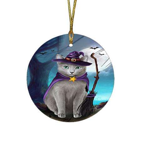 Happy Halloween Trick or Treat Russian Blue Cat Round Flat Christmas Ornament RFPOR54646