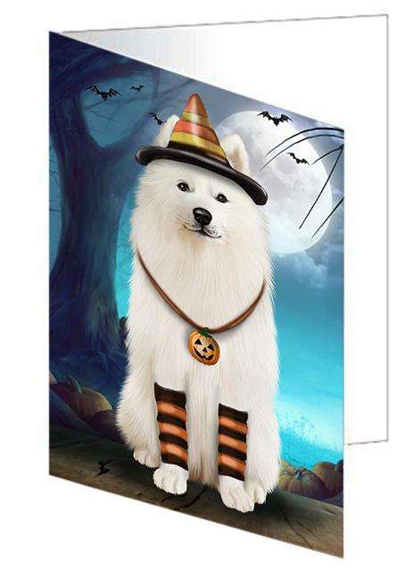 Happy Halloween Trick or Treat Samoyed Dog Candy Corn Handmade Artwork Assorted Pets Greeting Cards and Note Cards with Envelopes for All Occasions and Holiday Seasons GCD61565