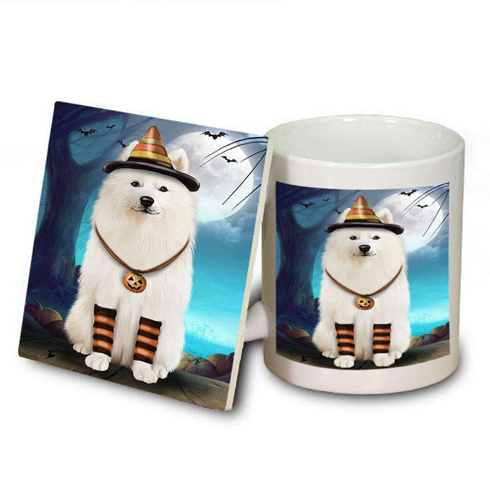 Happy Halloween Trick or Treat Samoyed Dog Candy Corn Mug and Coaster Set MUC52504