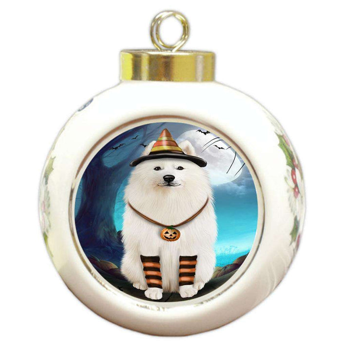 Happy Halloween Trick or Treat Samoyed Dog Candy Corn Round Ball Christmas Ornament RBPOR52512