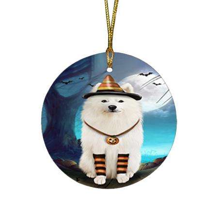 Happy Halloween Trick or Treat Samoyed Dog Candy Corn Round Flat Christmas Ornament RFPOR52503
