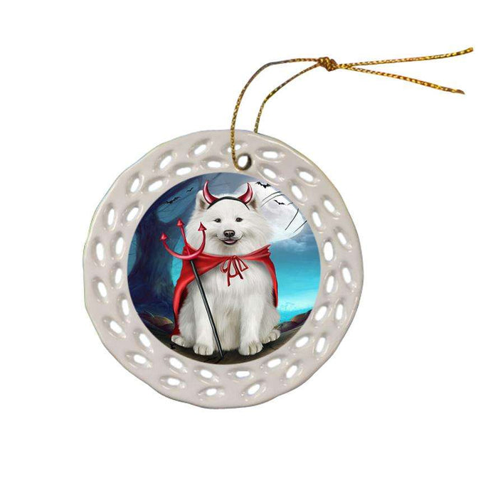 Happy Halloween Trick or Treat Samoyed Dog Devil Ceramic Doily Ornament DPOR52531