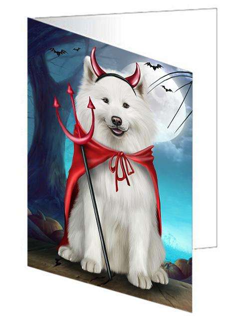 Happy Halloween Trick or Treat Samoyed Dog Devil Handmade Artwork Assorted Pets Greeting Cards and Note Cards with Envelopes for All Occasions and Holiday Seasons GCD61622