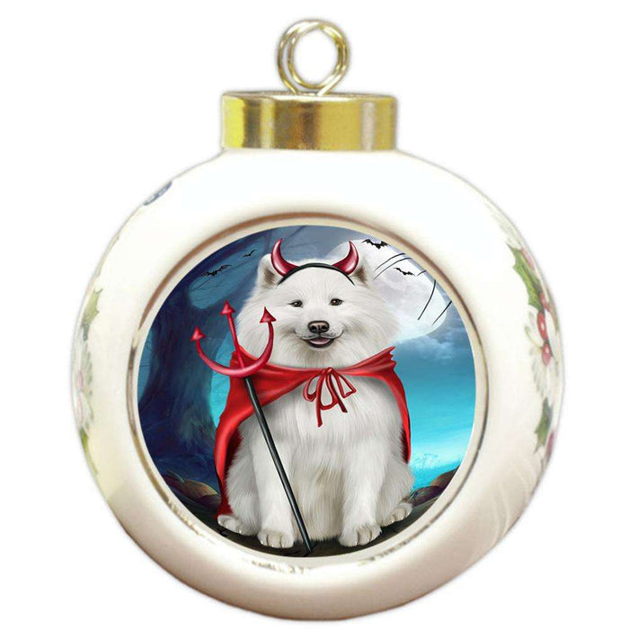 Happy Halloween Trick or Treat Samoyed Dog Devil Round Ball Christmas Ornament RBPOR52531