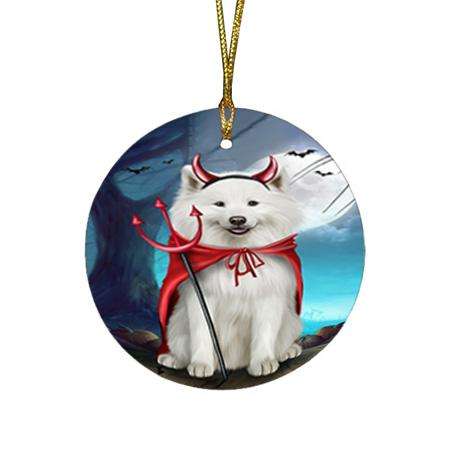 Happy Halloween Trick or Treat Samoyed Dog Devil Round Flat Christmas Ornament RFPOR52522