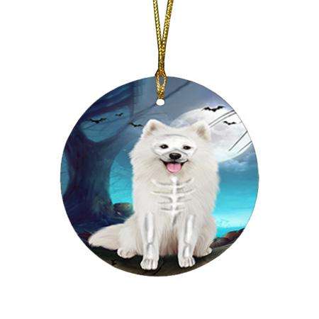 Happy Halloween Trick or Treat Samoyed Dog Skeleton Round Flat Christmas Ornament RFPOR52541