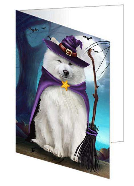 Happy Halloween Trick or Treat Samoyed Dog Witch Handmade Artwork Assorted Pets Greeting Cards and Note Cards with Envelopes for All Occasions and Holiday Seasons GCD61736