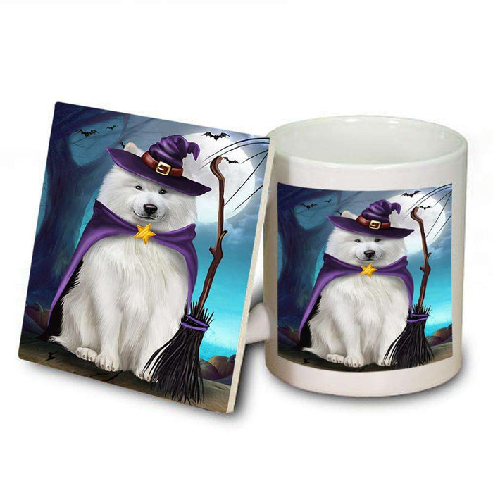 Happy Halloween Trick or Treat Samoyed Dog Witch Mug and Coaster Set MUC52561