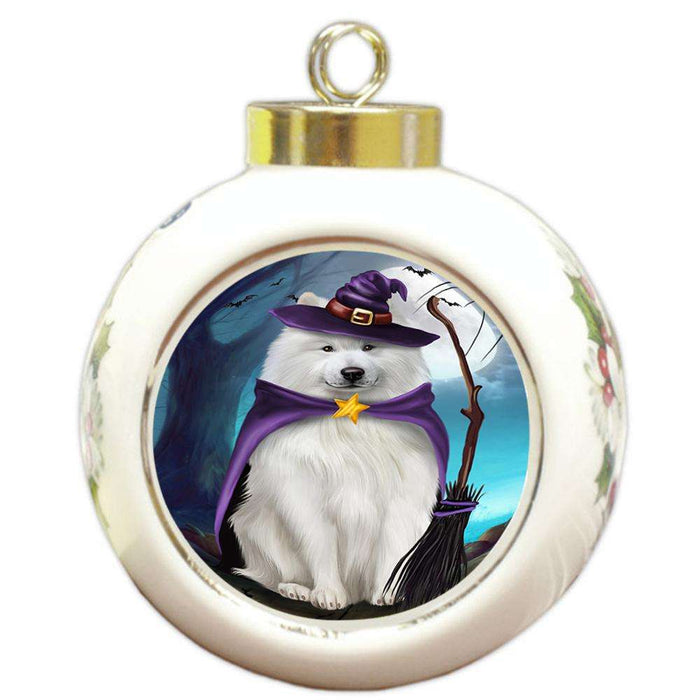 Happy Halloween Trick or Treat Samoyed Dog Witch Round Ball Christmas Ornament RBPOR52569