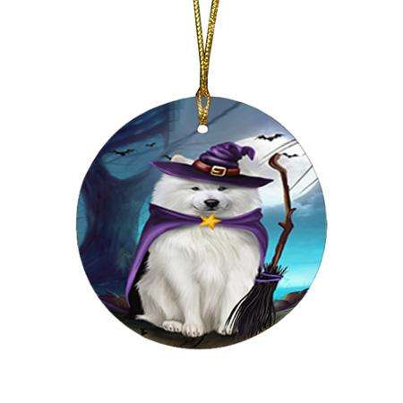 Happy Halloween Trick or Treat Samoyed Dog Witch Round Flat Christmas Ornament RFPOR52560