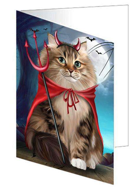 Happy Halloween Trick or Treat Siberian Cat Handmade Artwork Assorted Pets Greeting Cards and Note Cards with Envelopes for All Occasions and Holiday Seasons GCD67997