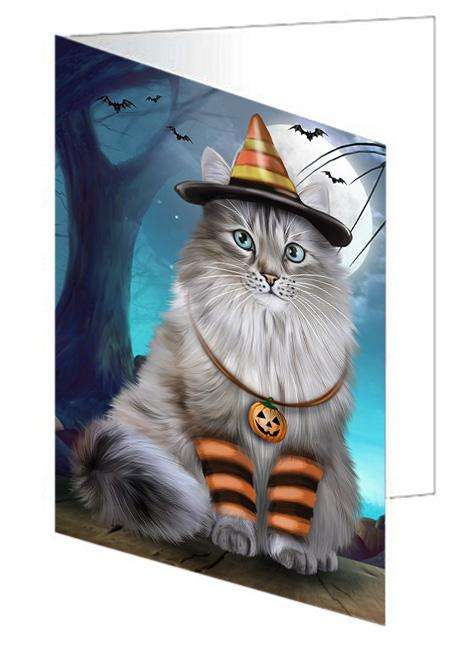 Happy Halloween Trick or Treat Siberian Cat Handmade Artwork Assorted Pets Greeting Cards and Note Cards with Envelopes for All Occasions and Holiday Seasons GCD68000