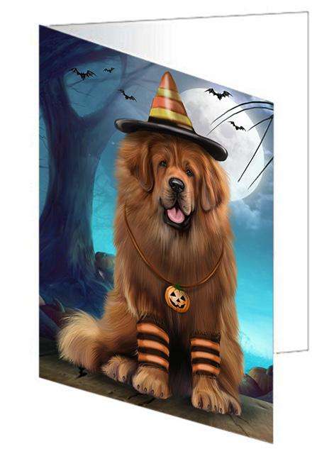 Happy Halloween Trick or Treat Tibetan Mastiff Dog Handmade Artwork Assorted Pets Greeting Cards and Note Cards with Envelopes for All Occasions and Holiday Seasons GCD68024