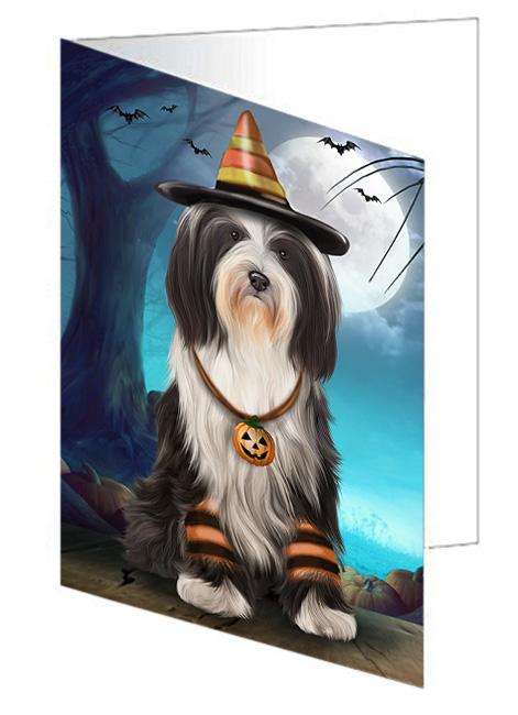 Happy Halloween Trick or Treat Tibetan Terrier Dog Candy Corn Handmade Artwork Assorted Pets Greeting Cards and Note Cards with Envelopes for All Occasions and Holiday Seasons GCD61568