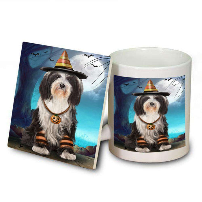 Happy Halloween Trick or Treat Tibetan Terrier Dog Candy Corn Mug and Coaster Set MUC52505