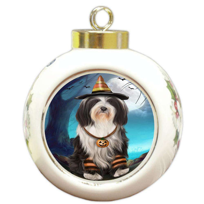 Happy Halloween Trick or Treat Tibetan Terrier Dog Candy Corn Round Ball Christmas Ornament RBPOR52513