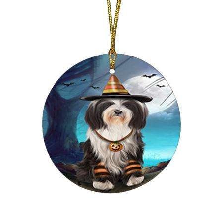 Happy Halloween Trick or Treat Tibetan Terrier Dog Candy Corn Round Flat Christmas Ornament RFPOR52504