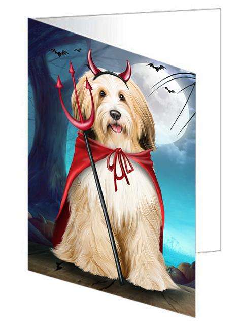 Happy Halloween Trick or Treat Tibetan Terrier Dog Devil Handmade Artwork Assorted Pets Greeting Cards and Note Cards with Envelopes for All Occasions and Holiday Seasons GCD61625