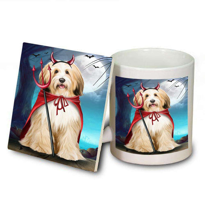 Happy Halloween Trick or Treat Tibetan Terrier Dog Devil Mug and Coaster Set MUC52524