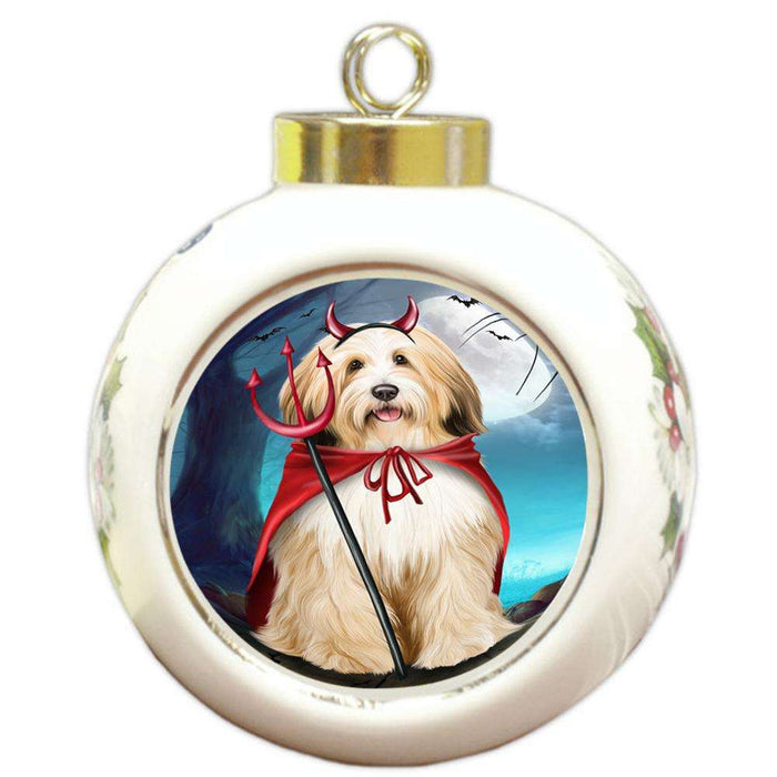 Happy Halloween Trick or Treat Tibetan Terrier Dog Devil Round Ball Christmas Ornament RBPOR52532