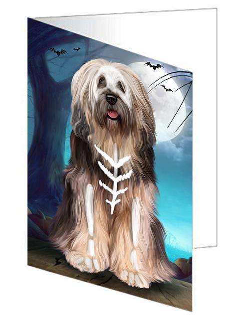 Happy Halloween Trick or Treat Tibetan Terrier Dog Skeleton Handmade Artwork Assorted Pets Greeting Cards and Note Cards with Envelopes for All Occasions and Holiday Seasons GCD61682