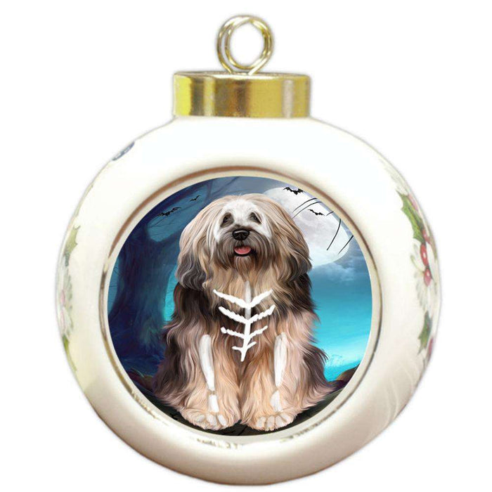 Happy Halloween Trick or Treat Tibetan Terrier Dog Skeleton Round Ball Christmas Ornament RBPOR52551