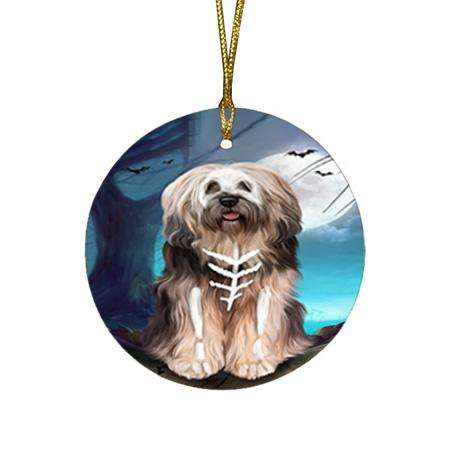 Happy Halloween Trick or Treat Tibetan Terrier Dog Skeleton Round Flat Christmas Ornament RFPOR52542