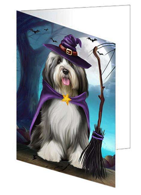 Happy Halloween Trick or Treat Tibetan Terrier Dog Witch Handmade Artwork Assorted Pets Greeting Cards and Note Cards with Envelopes for All Occasions and Holiday Seasons GCD61739