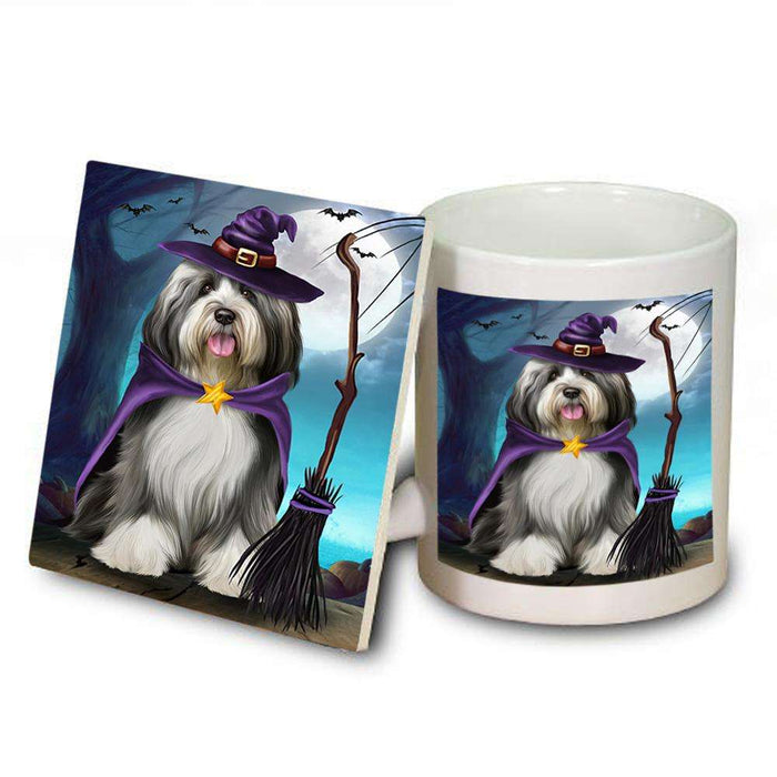 Happy Halloween Trick or Treat Tibetan Terrier Dog Witch Mug and Coaster Set MUC52562