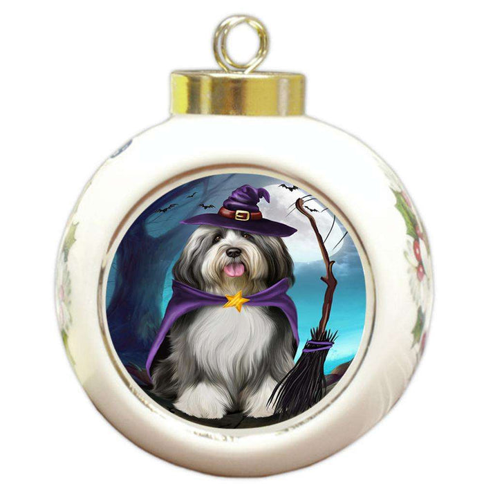 Happy Halloween Trick or Treat Tibetan Terrier Dog Witch Round Ball Christmas Ornament RBPOR52570