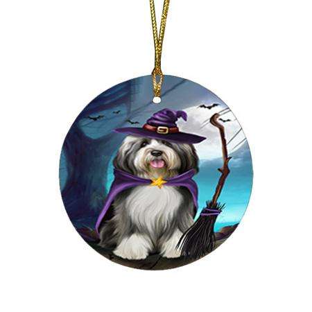 Happy Halloween Trick or Treat Tibetan Terrier Dog Witch Round Flat Christmas Ornament RFPOR52561
