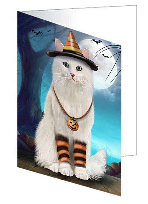 Happy Halloween Trick or Treat Turkish Angora Cat Handmade Artwork Assorted Pets Greeting Cards and Note Cards with Envelopes for All Occasions and Holiday Seasons GCD68036