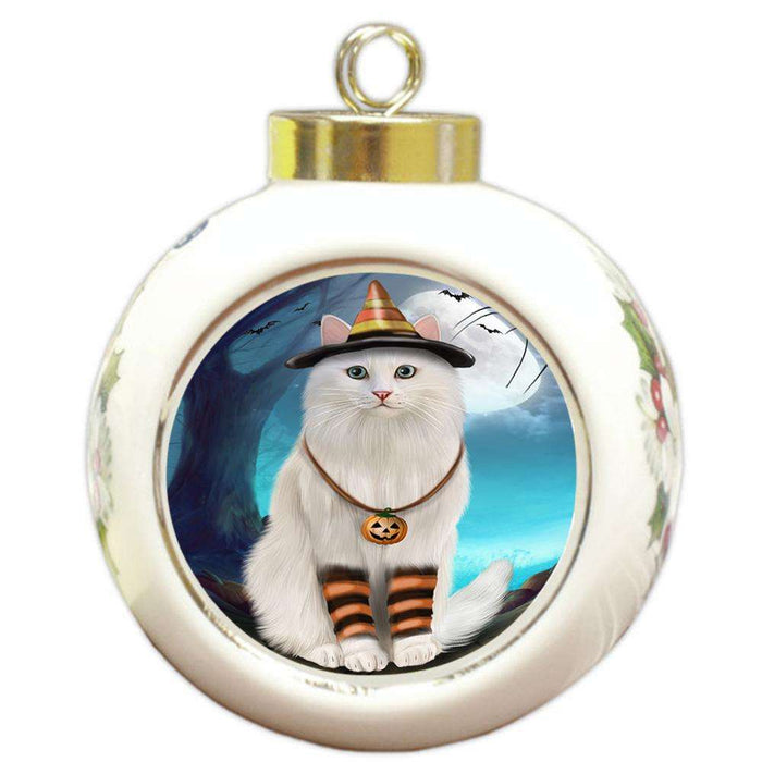 Happy Halloween Trick or Treat Turkish Angora Cat Round Ball Christmas Ornament RBPOR54669