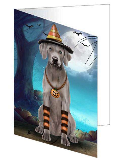 Happy Halloween Trick or Treat Weimaraner Dog Candy Corn Handmade Artwork Assorted Pets Greeting Cards and Note Cards with Envelopes for All Occasions and Holiday Seasons GCD61571