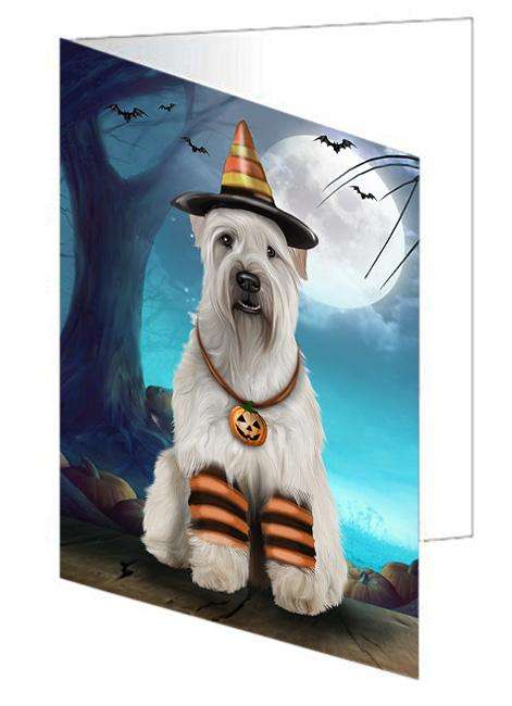 Happy Halloween Trick or Treat Wheaten Terrier Dog Candy Corn Handmade Artwork Assorted Pets Greeting Cards and Note Cards with Envelopes for All Occasions and Holiday Seasons GCD61574
