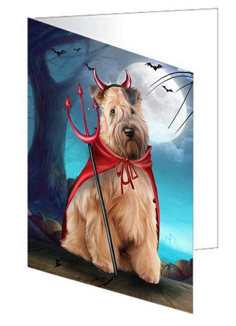 Happy Halloween Trick or Treat Wheaten Terrier Dog Devil Handmade Artwork Assorted Pets Greeting Cards and Note Cards with Envelopes for All Occasions and Holiday Seasons GCD61631