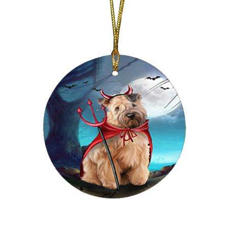 Happy Halloween Trick or Treat Wheaten Terrier Dog Devil Round Flat Christmas Ornament RFPOR52525