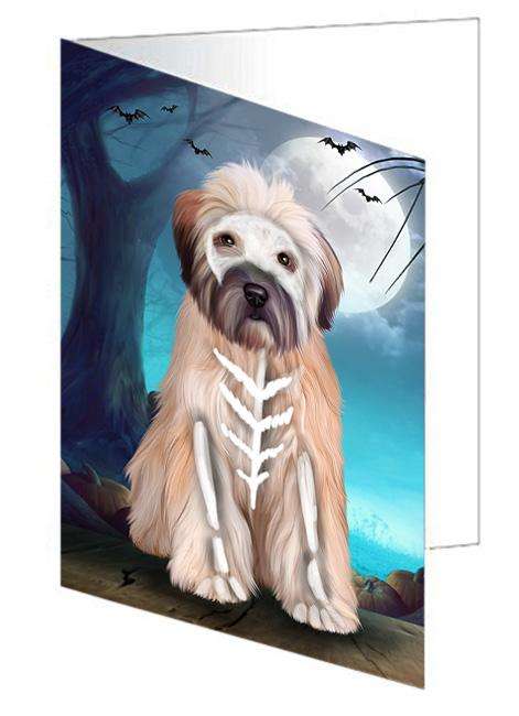 Happy Halloween Trick or Treat Wheaten Terrier Dog Skeleton Handmade Artwork Assorted Pets Greeting Cards and Note Cards with Envelopes for All Occasions and Holiday Seasons GCD61688