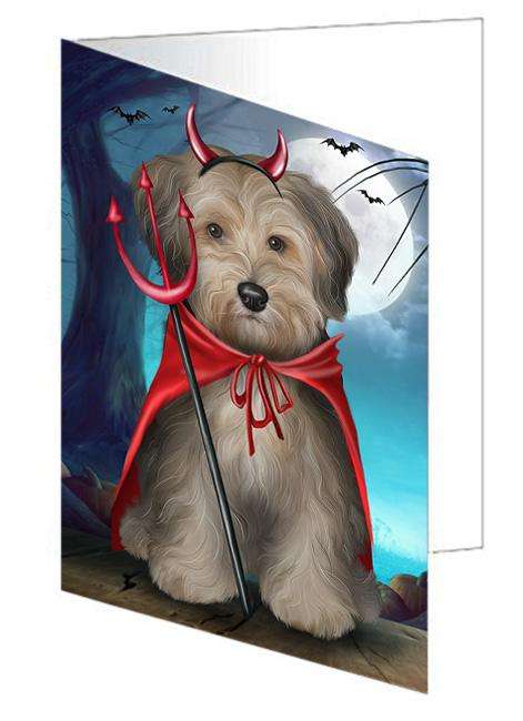 Happy Halloween Trick or Treat Yorkipoo Dog Handmade Artwork Assorted Pets Greeting Cards and Note Cards with Envelopes for All Occasions and Holiday Seasons GCD68045