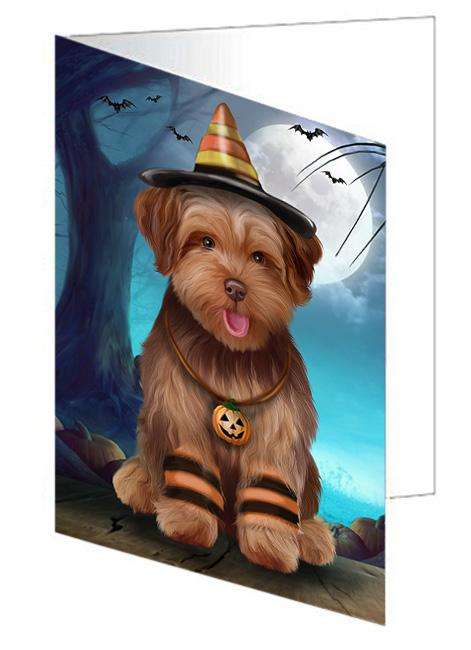 Happy Halloween Trick or Treat Yorkipoo Dog Handmade Artwork Assorted Pets Greeting Cards and Note Cards with Envelopes for All Occasions and Holiday Seasons GCD68048