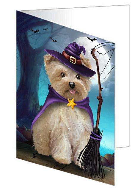 Happy Halloween Trick or Treat Yorkipoo Dog Handmade Artwork Assorted Pets Greeting Cards and Note Cards with Envelopes for All Occasions and Holiday Seasons GCD68054