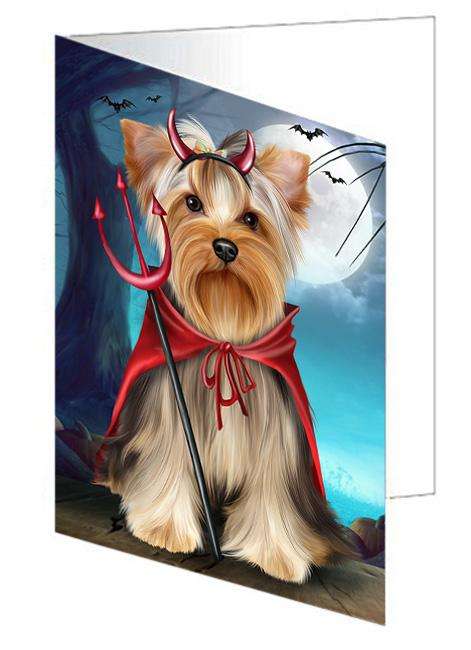 Happy Halloween Trick or Treat Yorkshire Terrier Dog Handmade Artwork Assorted Pets Greeting Cards and Note Cards with Envelopes for All Occasions and Holiday Seasons GCD68057