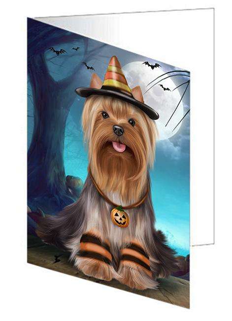 Happy Halloween Trick or Treat Yorkshire Terrier Dog Handmade Artwork Assorted Pets Greeting Cards and Note Cards with Envelopes for All Occasions and Holiday Seasons GCD68060