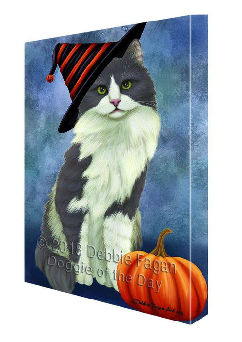 Happy Halloween Turkish Angora Cat Wearing Witch Hat with Pumpkin Canvas Print Wall Art Décor CVS112220