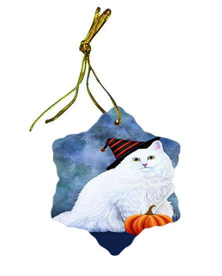 Happy Halloween Turkish Angora Cat Wearing Witch Hat with Pumpkin Ceramic Doily Ornament DPOR54931