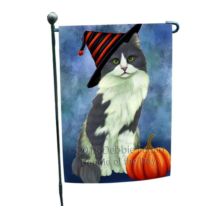 Happy Halloween Turkish Angora Cat Wearing Witch Hat with Pumpkin Garden Flag GFLG54992